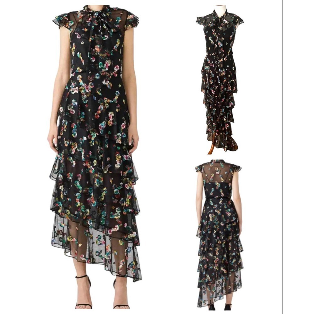 Monique Lhuillier Black Floral Maxi Dress